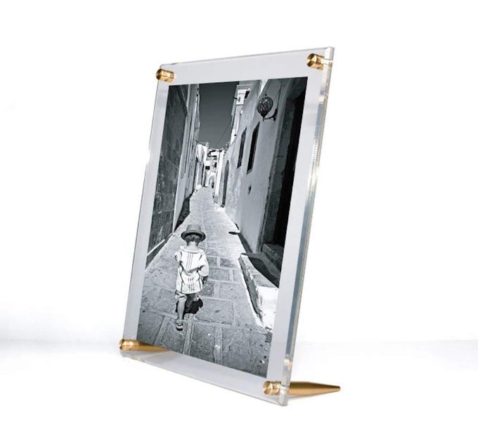 8X10 CLEAR UV GRADE ACRYLIC TABLETOP FLOATING PICTURE FRAME DISPLAY WITH GOLD HARDWARE FOR ART AND PHOTOS