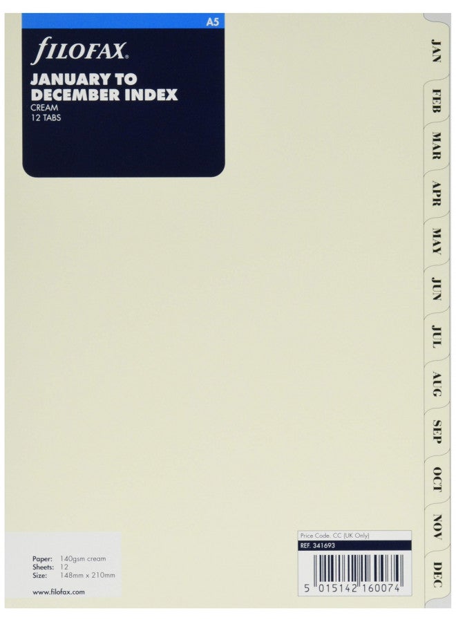 Filofax Organizer/Clipbook Refill Accessory, A5 Size, January to December Monthly Index Divider Set, 12 Tabs, Luxury Cotton Cream (B341693) - Image 1