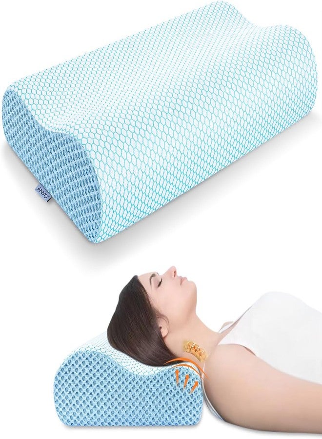 Anvo Memory Foam Pillow, Neck Contour Cervical Orthopedic Bed Pillow for Sleeping Side Back Stomach Sleeper, Ergonomic Design for Neck and Shoulder Pain Relief, Blue White, Soft - Image 1