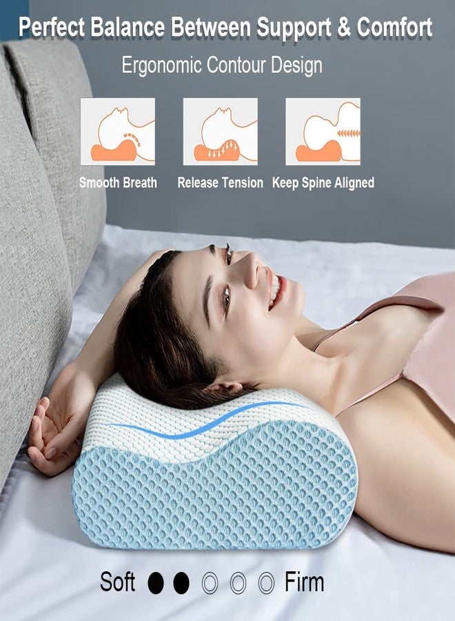 Anvo Memory Foam Pillow, Neck Contour Cervical Orthopedic Bed Pillow for Sleeping Side Back Stomach Sleeper, Ergonomic Design for Neck and Shoulder Pain Relief, Blue White, Soft - Image 2