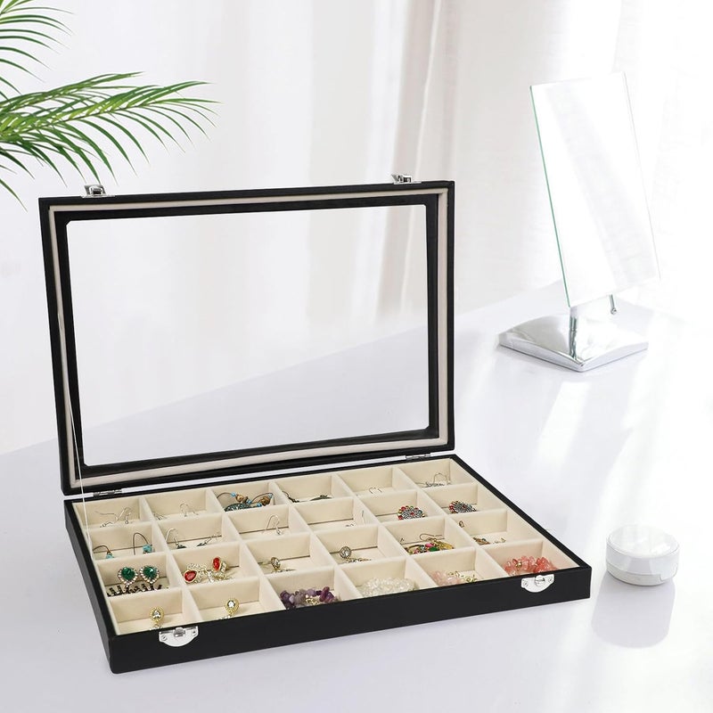 Stratalife Jewelry Tray 24 Grid Earring Organizer With Clear Lid Jewelry Holder Organizer Jewelry Storage Crystal Holder For Stones Display (Beige Black) - Image 3