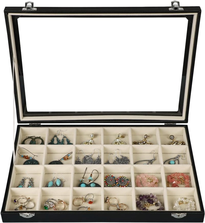 Stratalife Jewelry Tray 24 Grid Earring Organizer With Clear Lid Jewelry Holder Organizer Jewelry Storage Crystal Holder For Stones Display (Beige Black) - Image 1