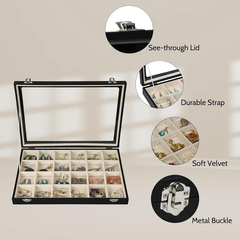 Stratalife Jewelry Tray 24 Grid Earring Organizer With Clear Lid Jewelry Holder Organizer Jewelry Storage Crystal Holder For Stones Display (Beige Black) - Image 5