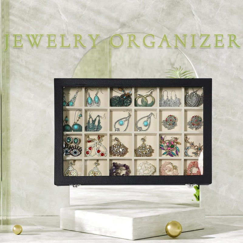 Stratalife Jewelry Tray 24 Grid Earring Organizer With Clear Lid Jewelry Holder Organizer Jewelry Storage Crystal Holder For Stones Display (Beige Black) - Image 4