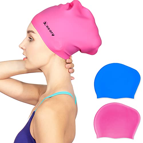 Keary 2 Pack Updated Silicone Swim Cap for Long Hair Women Girl Waterproof Bathing Pool Swimming Cap Cover Ears to Keep Your Hair Dry, 3D Soft Stretchable Durable and Anti-Slip, Easy to Put On and Off - Image 1