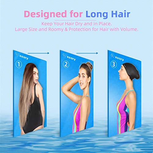 Keary 2 Pack Updated Silicone Swim Cap for Long Hair Women Girl Waterproof Bathing Pool Swimming Cap Cover Ears to Keep Your Hair Dry, 3D Soft Stretchable Durable and Anti-Slip, Easy to Put On and Off - Image 2