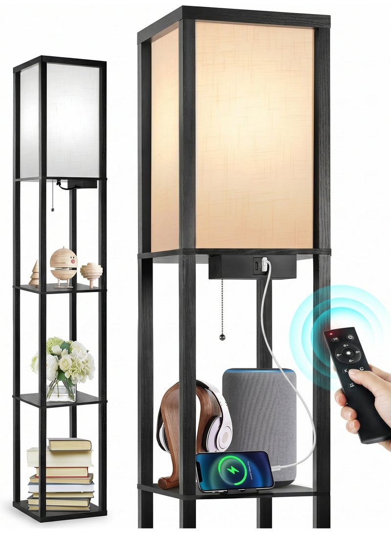 OUTON Floor Lamp Shelf with Remote Control, Dimmable & 4 Colour Temperature Adjustable, 1H Timer, LED Floor Lamp with 2 USB Ports, Floor Lamps with Lampshade for Living Room, Bedroom, Office(Black) - Image 1