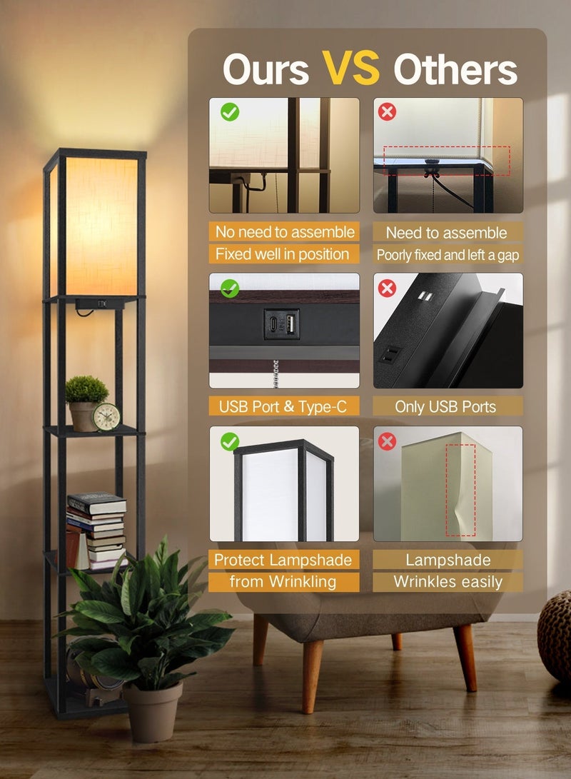 OUTON Floor Lamp Shelf with Remote Control, Dimmable & 4 Colour Temperature Adjustable, 1H Timer, LED Floor Lamp with 2 USB Ports, Floor Lamps with Lampshade for Living Room, Bedroom, Office(Black) - Image 3