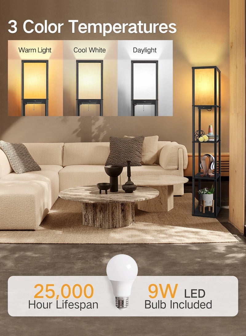 OUTON Floor Lamp Shelf with Remote Control, Dimmable & 4 Colour Temperature Adjustable, 1H Timer, LED Floor Lamp with 2 USB Ports, Floor Lamps with Lampshade for Living Room, Bedroom, Office(Black) - Image 2