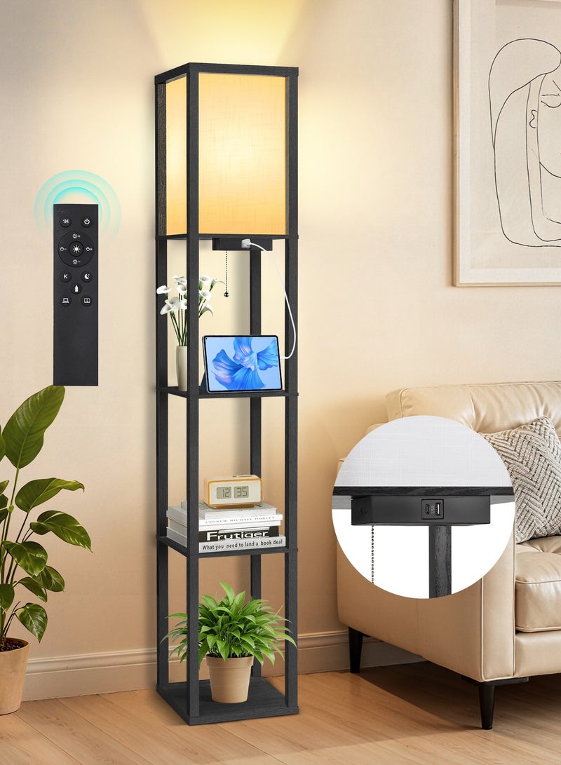 OUTON Floor Lamp with 3 Storage Shelves, Remote Control, Dimmable LED, USB Ports, 3 Color Temperatures, Linen Shade Modern Standing Lamp for Living Room Bedroom Office, Black 160cm - Image 1
