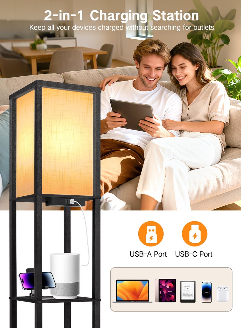 OUTON Floor Lamp with 3 Storage Shelves, Remote Control, Dimmable LED, USB Ports, 3 Color Temperatures, Linen Shade Modern Standing Lamp for Living Room Bedroom Office, Black 160cm - Image 2
