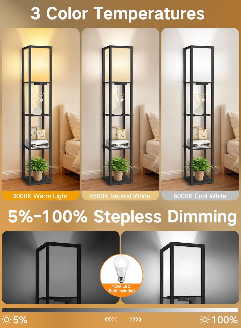 OUTON Floor Lamp with 3 Storage Shelves, Remote Control, Dimmable LED, USB Ports, 3 Color Temperatures, Linen Shade Modern Standing Lamp for Living Room Bedroom Office, Black 160cm - Image 3