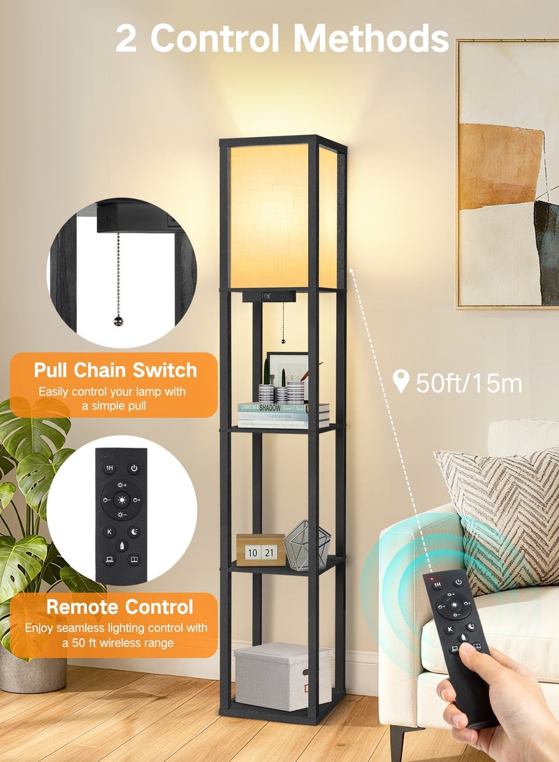 OUTON Floor Lamp with 3 Storage Shelves, Remote Control, Dimmable LED, USB Ports, 3 Color Temperatures, Linen Shade Modern Standing Lamp for Living Room Bedroom Office, Black 160cm - Image 5