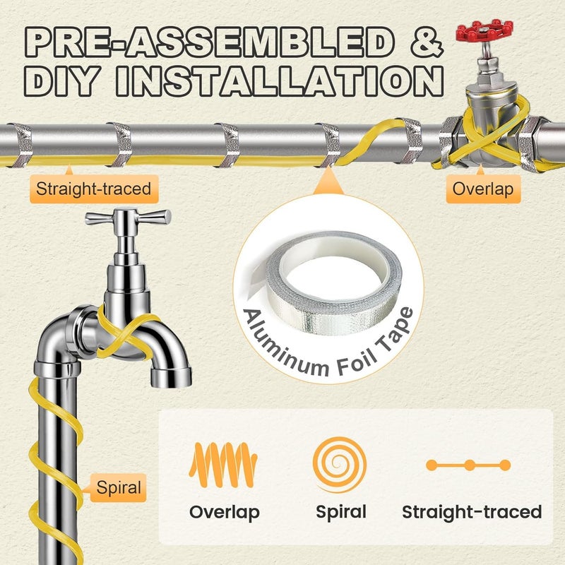 YeloDeer 45 Ft Pipe Heat Cable for Water Pipe Freeze Protection, Self-Regulating Heat Tape for Metal and Plastic Pipes, Anti-Freeze Pipe Heating Trace System 6W/Ft 120V - Image 3
