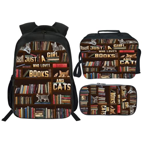 Citari Cats Backpack Set for Girls 3PCS Book School Bag with Lunch Box Pencil Case Cat Kid Backpacks Toddler Elementary Bookbag 16 Inch - Image 1