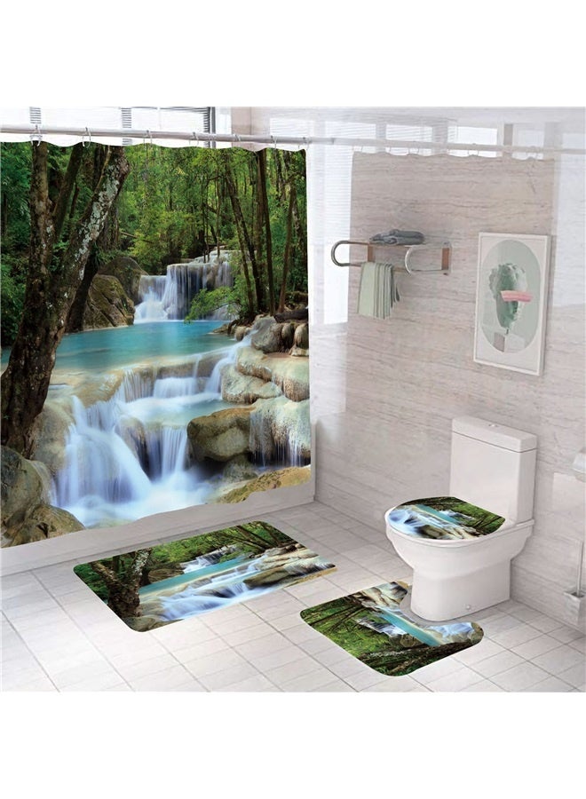 Waterfall Design Fabric Bath Curtains With 12 C Ring Hooks Multicolour，4 Piece Shower Curtain Sets, Scenery Waterfall with Non-Slip Rugs, Toilet Lid Cover and Bath Mat, for Bathroom Decor Set,180x180cm  - Image 2