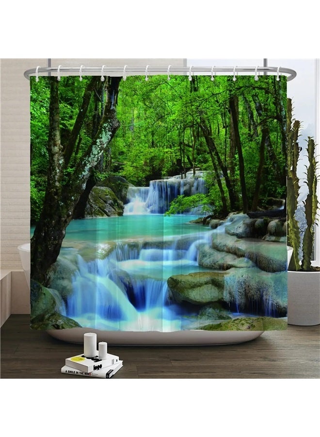 Waterfall Design Fabric Bath Curtains With 12 C Ring Hooks Multicolour，4 Piece Shower Curtain Sets, Scenery Waterfall with Non-Slip Rugs, Toilet Lid Cover and Bath Mat, for Bathroom Decor Set,180x180cm  - Image 5