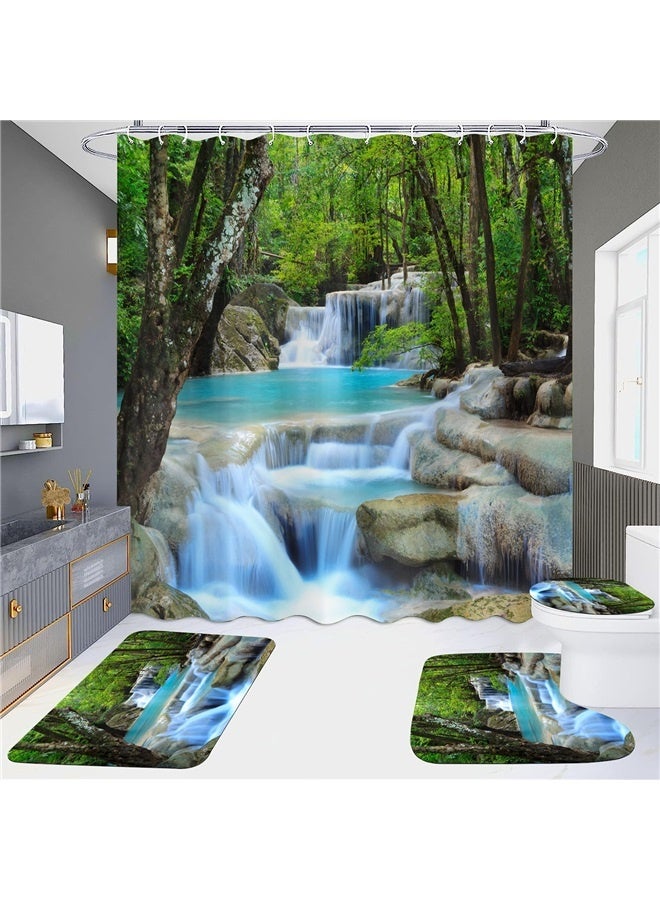 Waterfall Design Fabric Bath Curtains With 12 C Ring Hooks Multicolour，4 Piece Shower Curtain Sets, Scenery Waterfall with Non-Slip Rugs, Toilet Lid Cover and Bath Mat, for Bathroom Decor Set,180x180cm  - Image 1