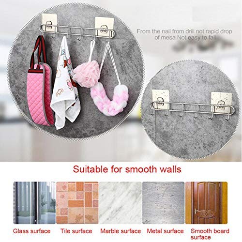 ZURATO Stainless Steel Bathroom Wall Hook 6 Hooks Cloth Hanger Bathroom Wall Door Hook Magic Sticker Self Adhesive for Towel Rail Kitchen Hanger Capacity-5 Kg, Silver - Image 5