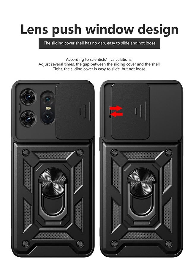 Motorola Edge 50 Pro 5G Case, Shockproof Cases, Anti-Fall Drop Protection, Built-in Slide Anti-Scratch Camera Lens Cover,Integrated 360 Degree Rotating Ring Kickstand, Black