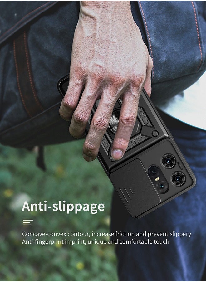 Motorola Edge 50 Pro 5G Case, Shockproof Cases, Anti-Fall Drop Protection, Built-in Slide Anti-Scratch Camera Lens Cover,Integrated 360 Degree Rotating Ring Kickstand, Black
