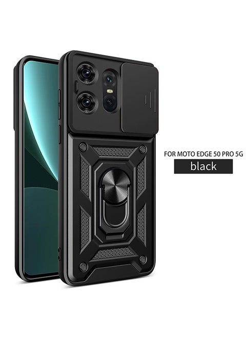 Motorola Edge 50 Pro 5G Case, Shockproof Cases, Anti-Fall Drop Protection, Built-in Slide Anti-Scratch Camera Lens Cover,Integrated 360 Degree Rotating Ring Kickstand, Black
