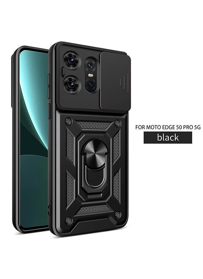Motorola Edge 50 Pro 5G Case, Shockproof Cases, Anti-Fall Drop Protection, Built-in Slide Anti-Scratch Camera Lens Cover,Integrated 360 Degree Rotating Ring Kickstand, Black