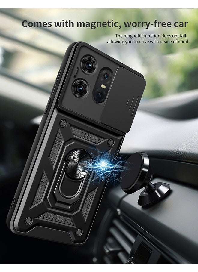 Motorola Edge 50 Pro 5G Case, Shockproof Cases, Anti-Fall Drop Protection, Built-in Slide Anti-Scratch Camera Lens Cover,Integrated 360 Degree Rotating Ring Kickstand, Black