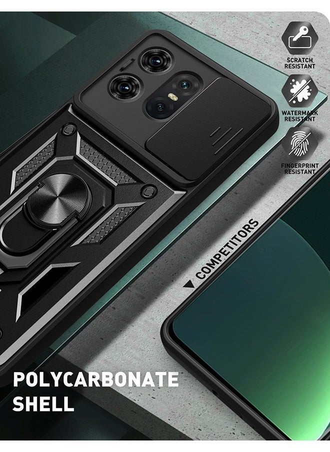 Motorola Edge 50 Pro 5G Case, Shockproof Cases, Anti-Fall Drop Protection, Built-in Slide Anti-Scratch Camera Lens Cover,Integrated 360 Degree Rotating Ring Kickstand, Black