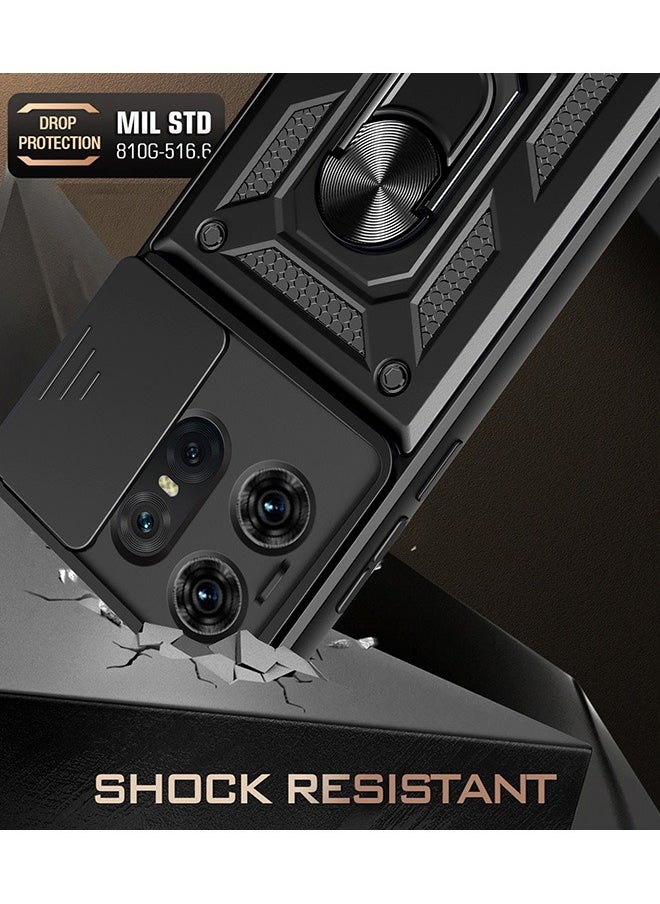 Motorola Edge 50 Pro 5G Case, Shockproof Cases, Anti-Fall Drop Protection, Built-in Slide Anti-Scratch Camera Lens Cover,Integrated 360 Degree Rotating Ring Kickstand, Black