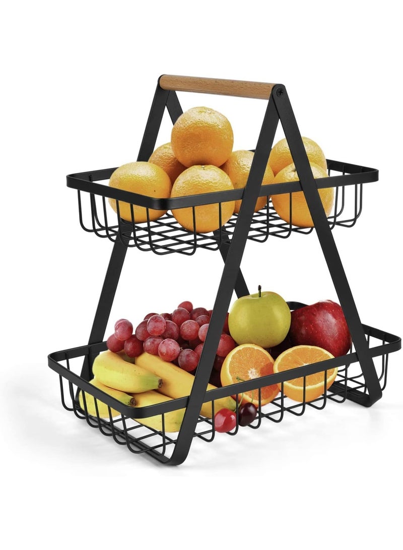 ECVV 2-Tier Fruit Basket and Vegetable Storage Rack - Countertop Metal Kitchen Organizer & Bread Display Stand with Wooden Handle (Black) - Image 1