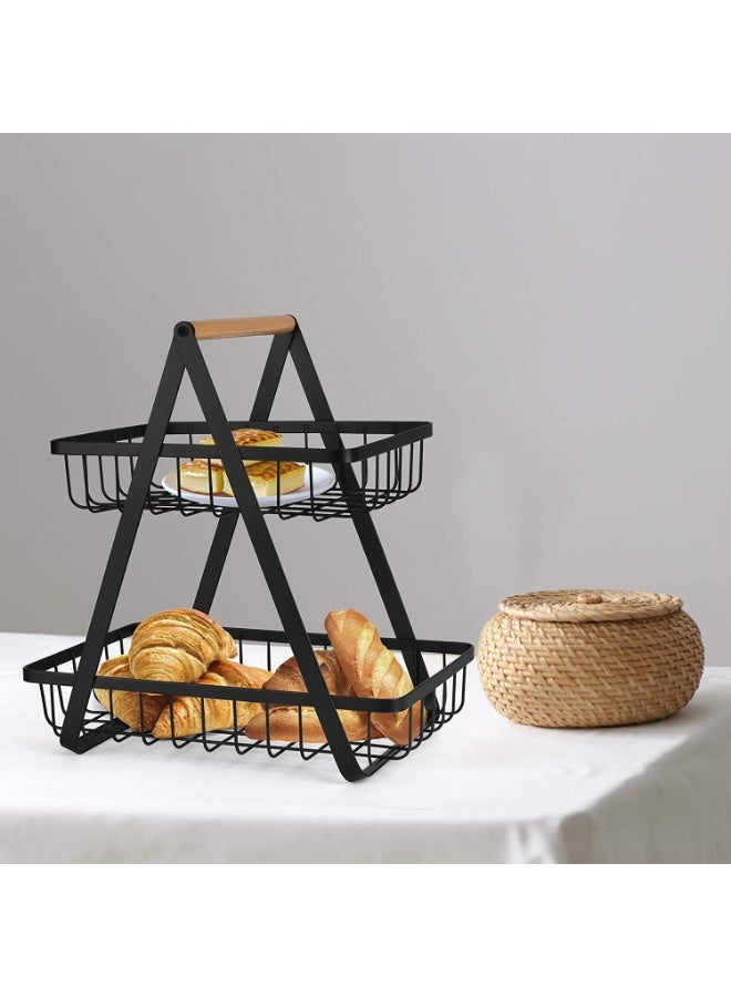 ECVV 2-Tier Fruit Basket and Vegetable Storage Rack - Countertop Metal Kitchen Organizer & Bread Display Stand with Wooden Handle (Black) - Image 4