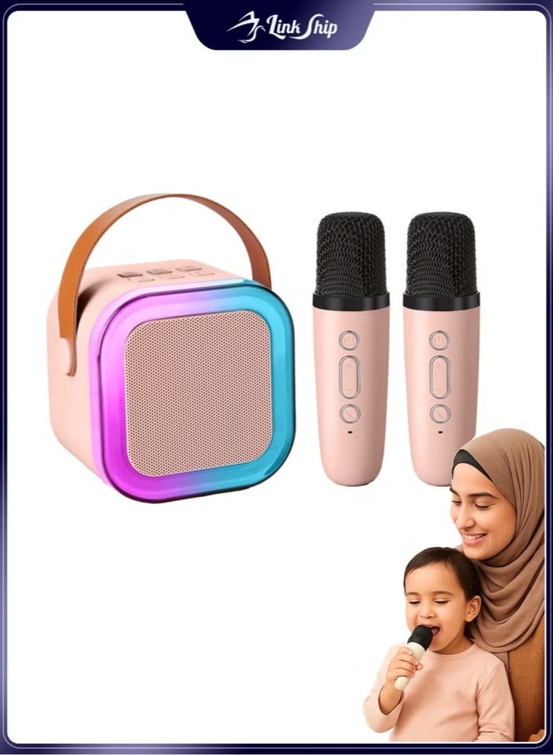 Mini Portable Bluetooth Karaoke Machine with 2 Wireless Microphones and Dynamic LED Lights, Pink