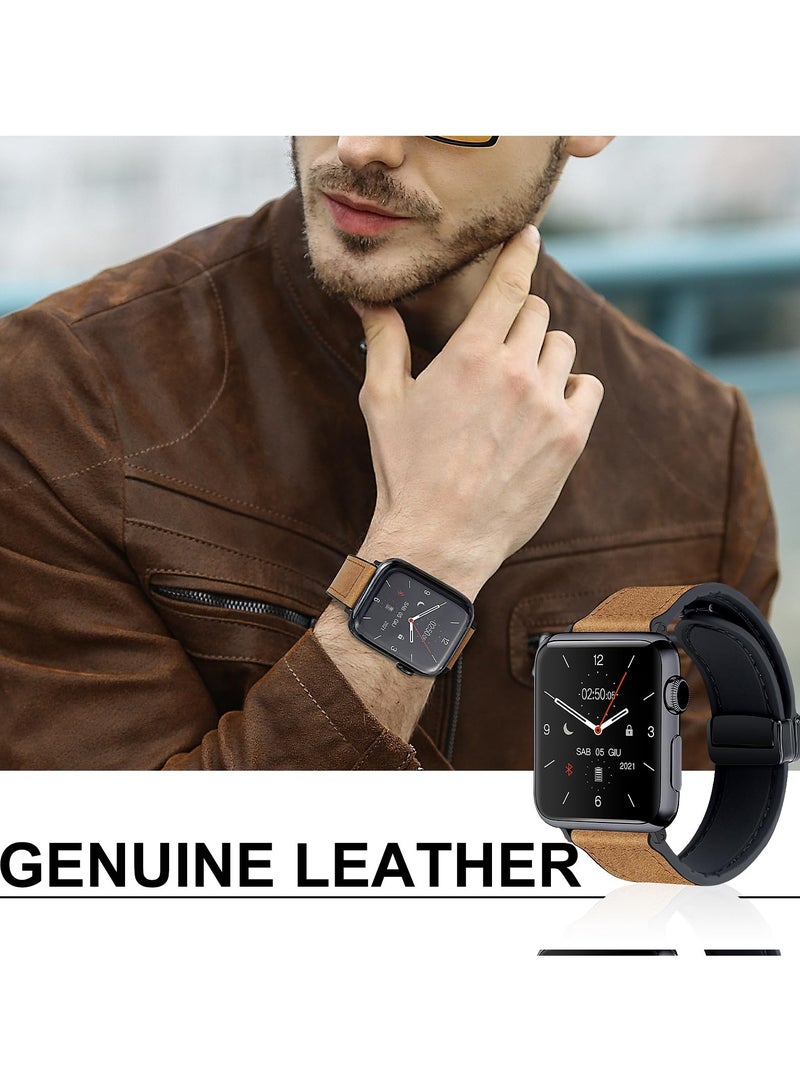 SYOSI Genuine Leather Magnetic Watch Band for Apple Watch 49mm 45mm 44mm 42mm, Magnetic Buckle Strap Compatible with Apple Watch Ultra Ultra2 9 8 7 6 Series, Durable and Stylish Replacement Band, Brown - Image 2