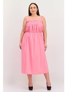 GLAMOROUS Women Curve Shirred Midi Dress, Pink  - Image 1