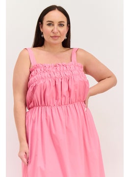 GLAMOROUS Women Curve Shirred Midi Dress, Pink  - Image 3