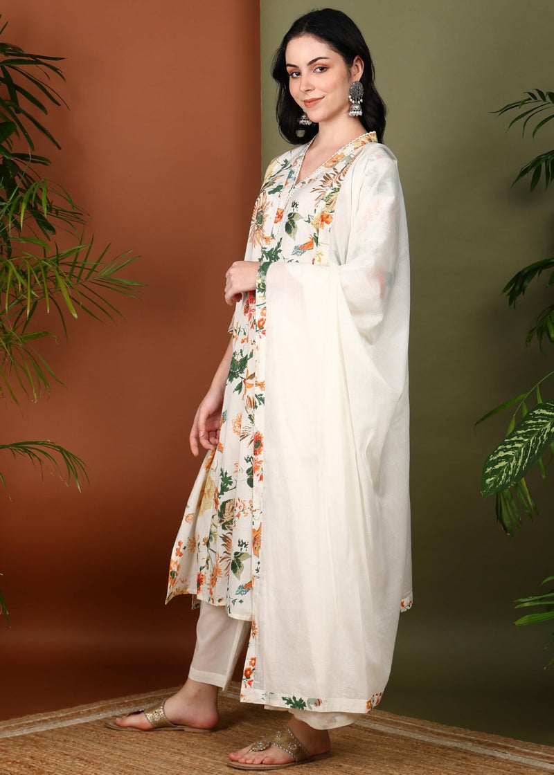 Yash Gallery Women's Cotton Cambric Floral Print Calf Length V-Neck With Lace Detaling 3/4 Sleeves Straight Kurta Set With Pant and Duptta (Multi, S) - Image 2