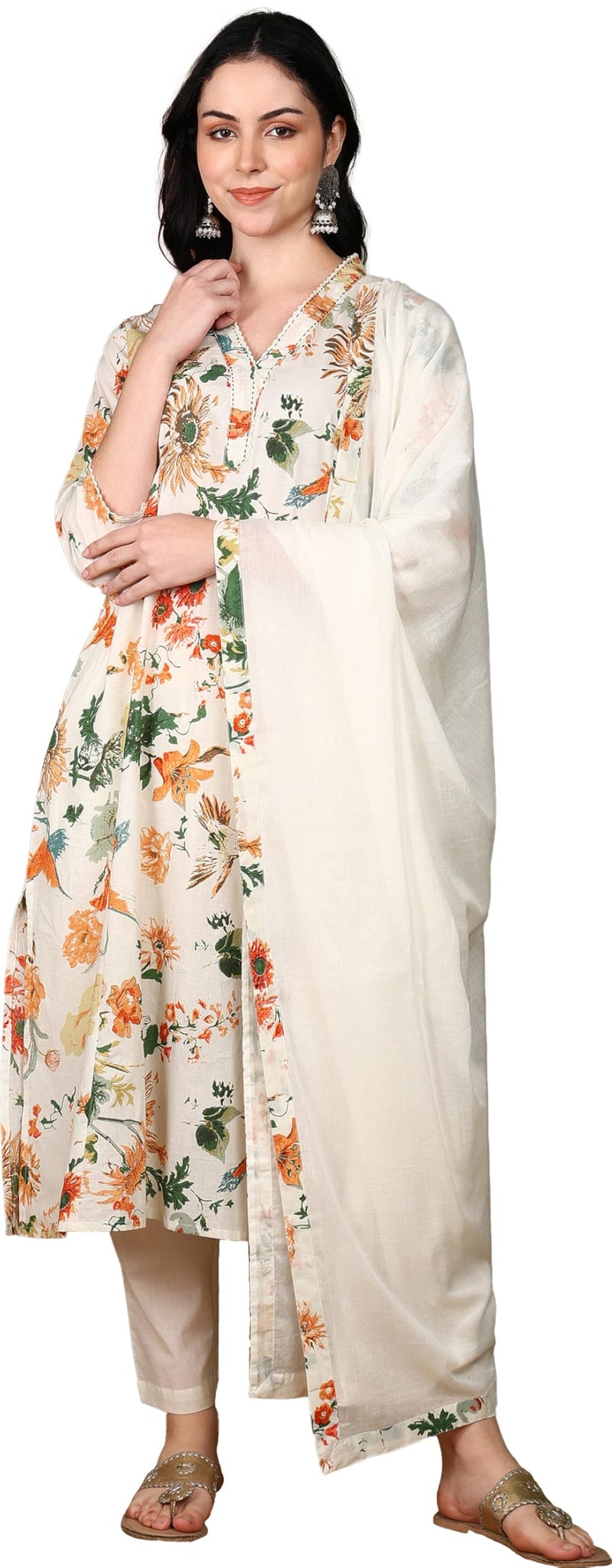 Yash Gallery Women's Cotton Cambric Floral Print Calf Length V-Neck With Lace Detaling 3/4 Sleeves Straight Kurta Set With Pant and Duptta (Multi, S) - Image 1