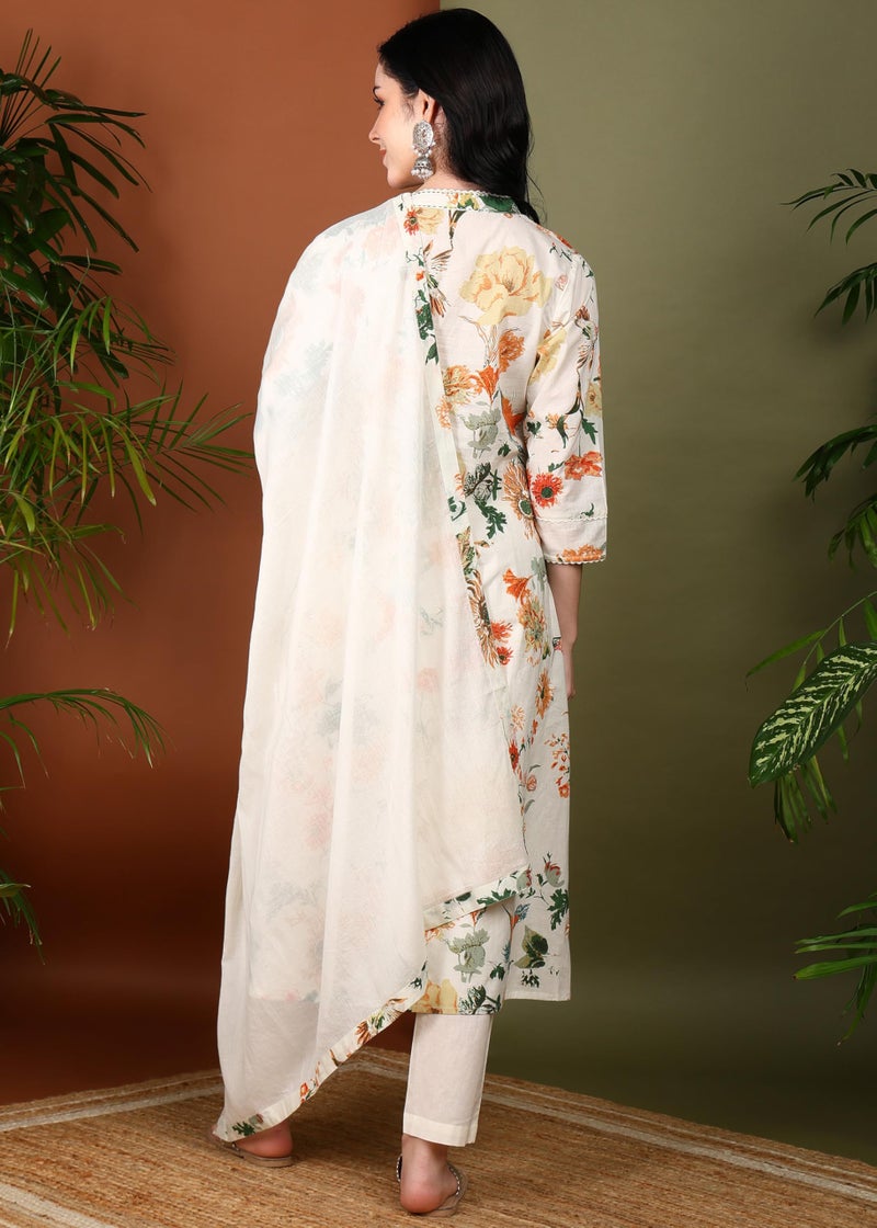 Yash Gallery Women's Cotton Cambric Floral Print Calf Length V-Neck With Lace Detaling 3/4 Sleeves Straight Kurta Set With Pant and Duptta (Multi, S) - Image 4
