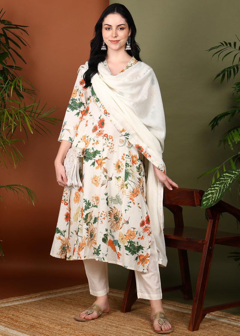 Yash Gallery Women's Cotton Cambric Floral Print Calf Length V-Neck With Lace Detaling 3/4 Sleeves Straight Kurta Set With Pant and Duptta (Multi, S) - Image 3
