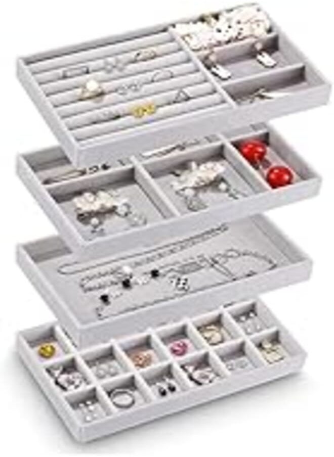 AMERTEER AMERTEER Jewelry Trays Organizer, Closet Drawer Accessories Tray Set of 4 Drawer Organizer for Earring, Ring, Gadgets & Cosmetics, Display Organizer Necklace Storage Showcase Bracelet Removable Tray 