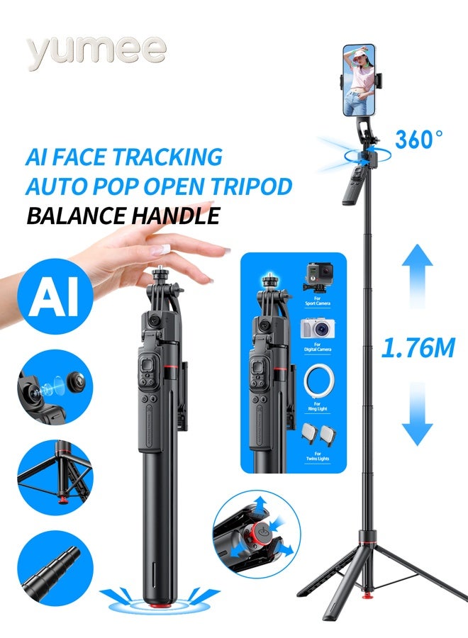 yumee 176cm Tripod Selfie Stick – Phone Tripod with AI Face Tracking, Selfie Stick Tripod with Auto Pop Open Design for Travel, Vlogging, Live Streaming & Group Photos - Image 1