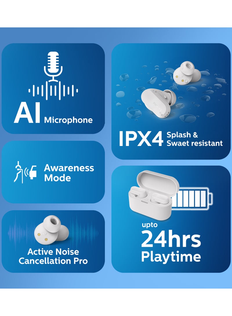 Philips TAT3509 Bluetooth Headphone, 24H Battery, 10mm drivers, IPX4, In-Ear Fit, Noise Canceling, Dynamic Bass, touch controls, white white - Image 2