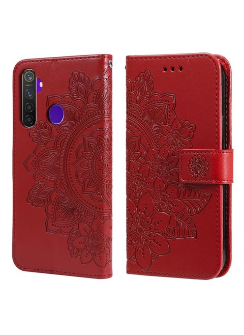 Case Cover For Realme 5 / Realme 5s / Realme C3 7-petal Flowers Embossing Pattern Horizontal Flip PU Leather Case with Holder & Card Slots & Wallet & Photo Frame Red