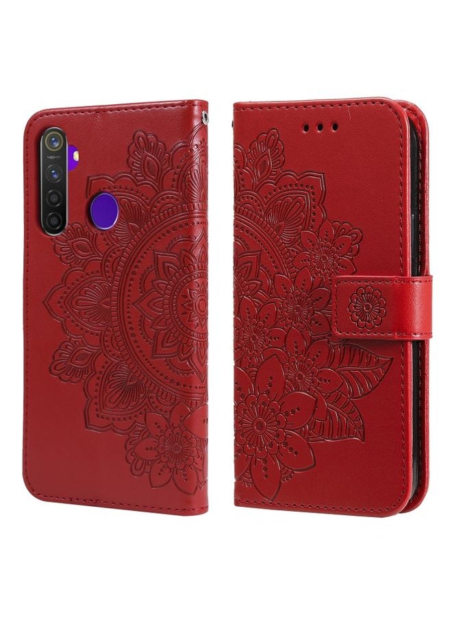 HuHa Case Cover For Realme 5 / Realme 5s / Realme C3 7-petal Flowers Embossing Pattern Horizontal Flip PU Leather Case with Holder & Card Slots & Wallet & Photo Frame Red 