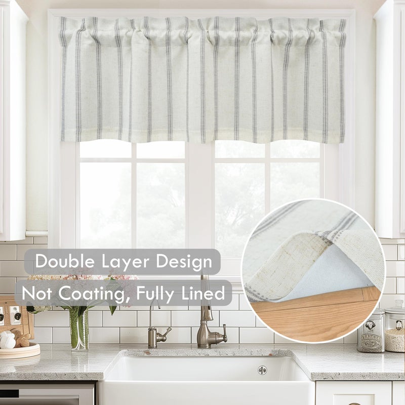 DriftAway Farmhouse Linen Lined Valance Double Layer Thermal Insulated Room Darkening Blackout Window Valances 3 Inch Rod Pocket Vertical Striped Kitchen Valance for Bathroom Single 52 x 18 Inch Gray - Image 2