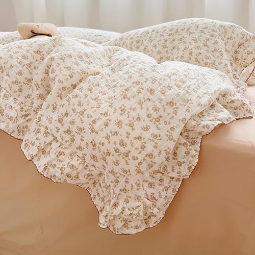 AOJIM Floral Print Kids Duvet Cover with Ruffled Design, 1 Piece Muslin Cotton Toddler Comforter Cover 2-Layer Gauze 47X59'', Camellia Pattern Kids Bedding for Girls Boys, Easy Care & Skin-Friendly - Image 4