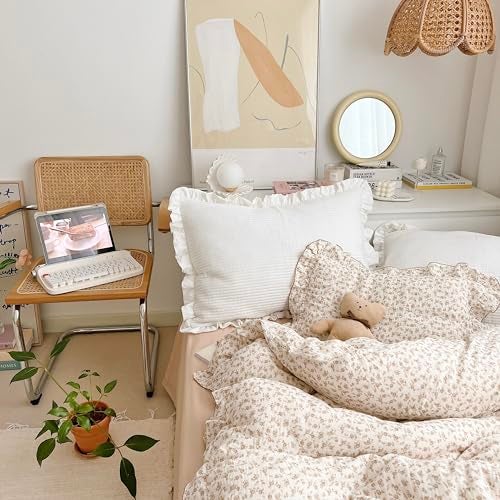 AOJIM Floral Print Kids Duvet Cover with Ruffled Design, 1 Piece Muslin Cotton Toddler Comforter Cover 2-Layer Gauze 47X59'', Camellia Pattern Kids Bedding for Girls Boys, Easy Care & Skin-Friendly - Image 3