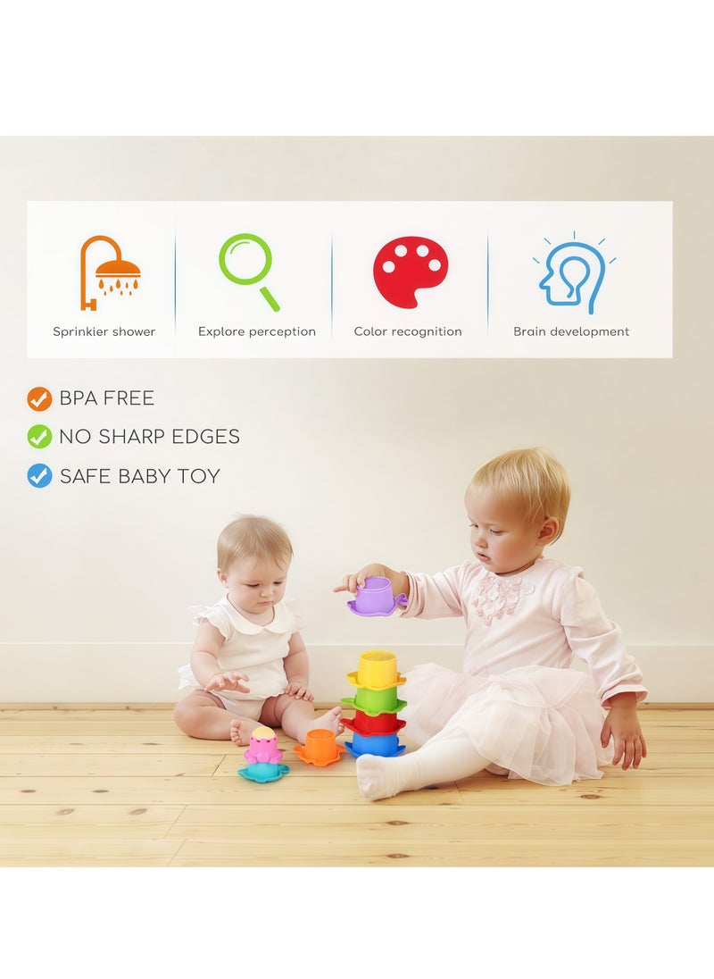 Beauenty 8Pcs Stacking Cups Set, Baby Stacking Cup for Toddler 1-3, Baby Bath Toy Set Stacking Cups. Drain Cup Stacking Toy for Children Bath Toy Sand Toy, Educational Montessori Gift for Boys and Girls (sea  - Image 5