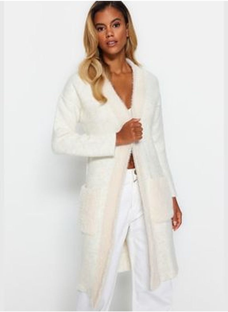 trendyol Ecru Wide Fit Midi Pile Sweater Cardigan TWOAW24HI00107  - Image 1